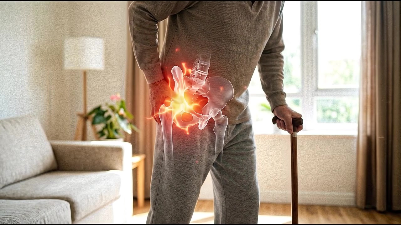 Senior Man Experiencing Hip Pain While Using a Walking Cane