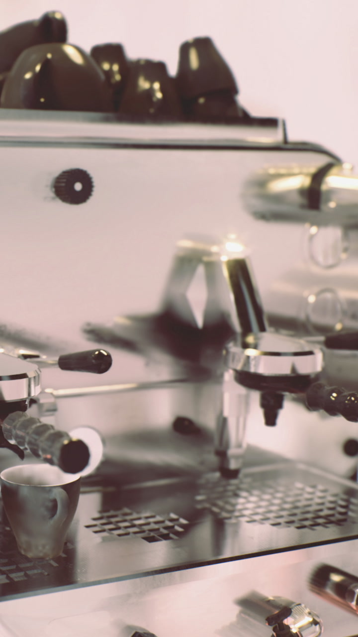 Espresso brewing process at a cafe with coffee cups and machine parts