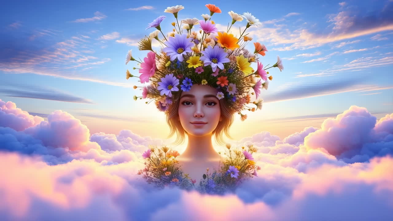 Una donna adornata di fiori in un cielo sognante
