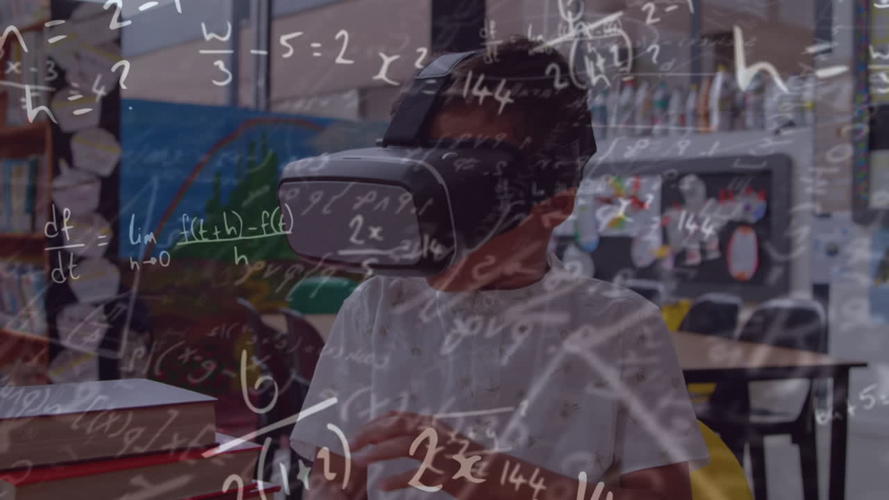 Animation of math formulas over biracial boy in vr headset in classroom