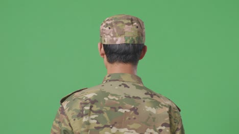 el soldado mira hacia atrás en la pantalla verde.