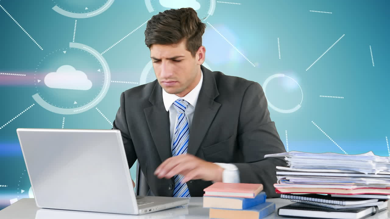 video compuesto digital de un hombre de negocios caucásico usando una computadora portátil contra una red de iconos de nube en azul