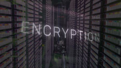 Animation-of-encryption-text,-binary-codes-and-circuit-board-pattern-over-server-room