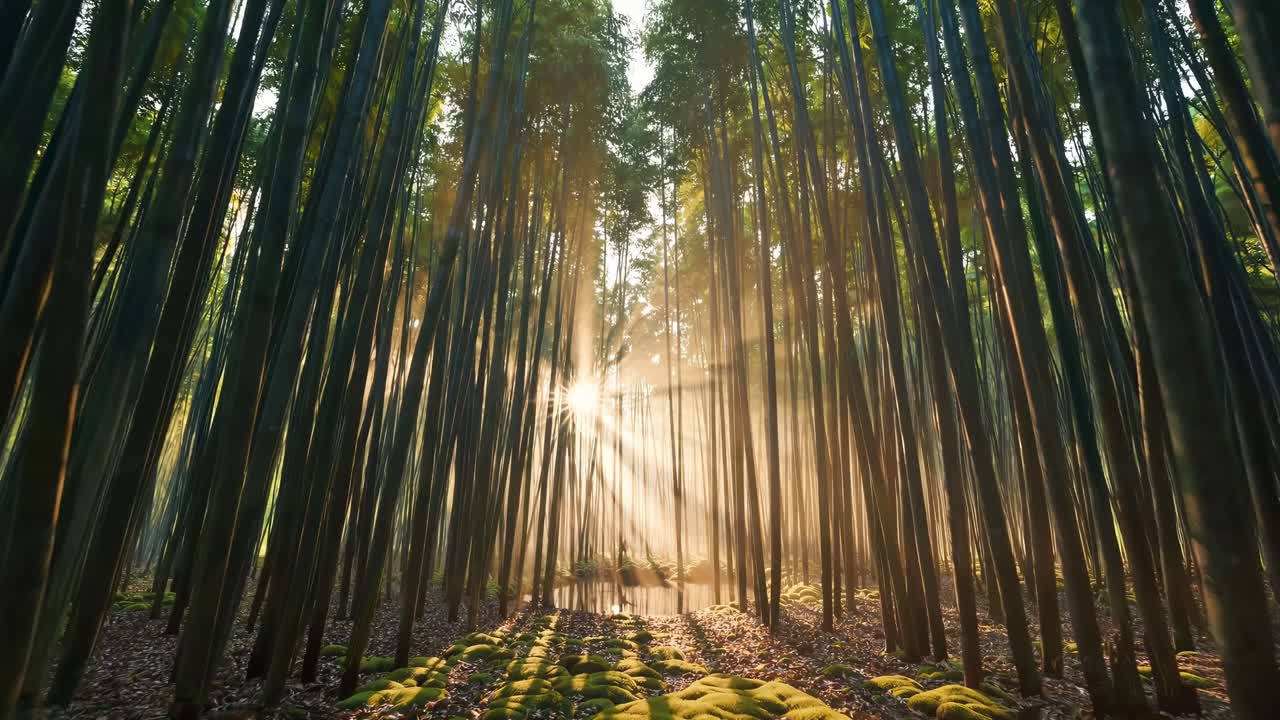 Un video sereno di una foresta cattura la luce solare che filtra attraverso alti bambù ripreso da un'angolazione bassa