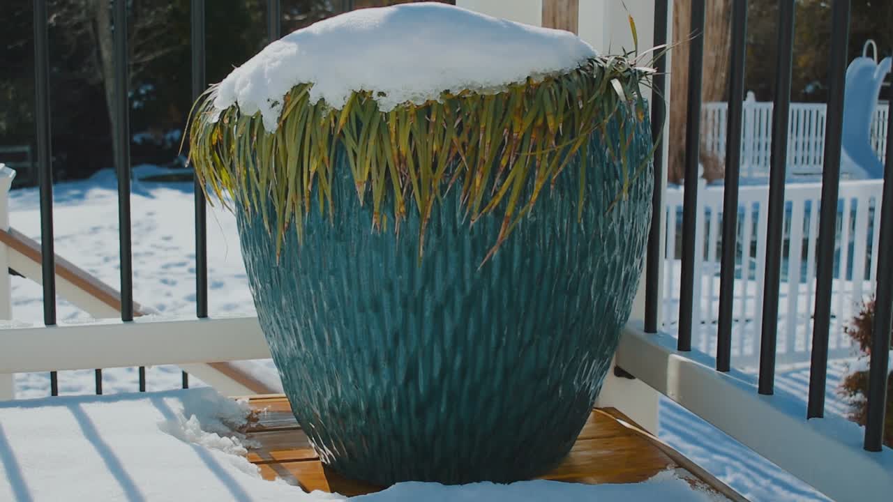 겨울 눈과 얼음이 녹고 데크 위의 풀이 무성한 식물에서 떨어지는 물, 눈이 녹는 물