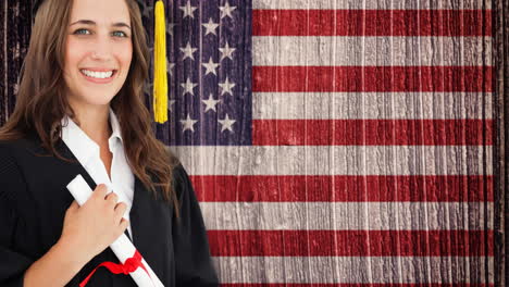 animación de una mujer graduada con un diploma sobre la bandera estadounidense