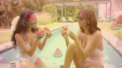 eating watermelon by pool, women surrounded by watermelon slice animation