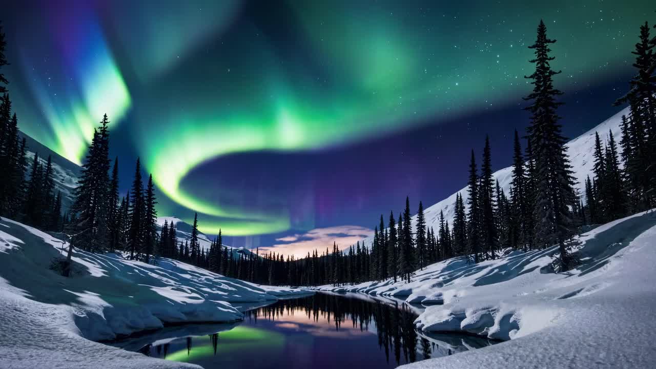 A stunning wide-angle video capture of the Northern Lights over a snowy landscape