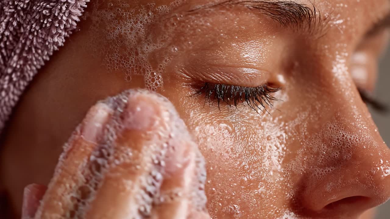 A Close-Up of a Woman Gently Cleansing Her Face with Lathered Soap, Capturing the Smoothness of Her Skin and the Refreshing Essence of a Proper Skincare Routine