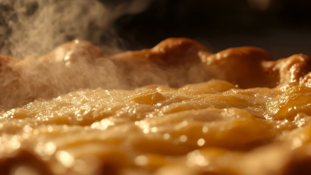 Focusing freshly baked fruit pie resting on kitchen counter under warm light, showing rising steam