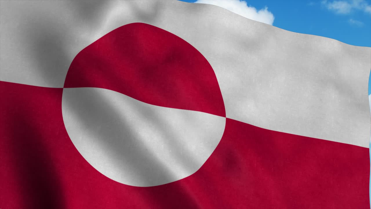 The national flag of Greenland waving in the wind, blue sky background. 4K