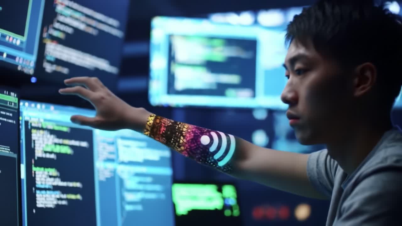 A Focused Individual Engaging with Advanced Technology in a Futuristic Environment Utilizing a Unique Interface Display on Their Arm for Enhanced Interaction and Data Processing