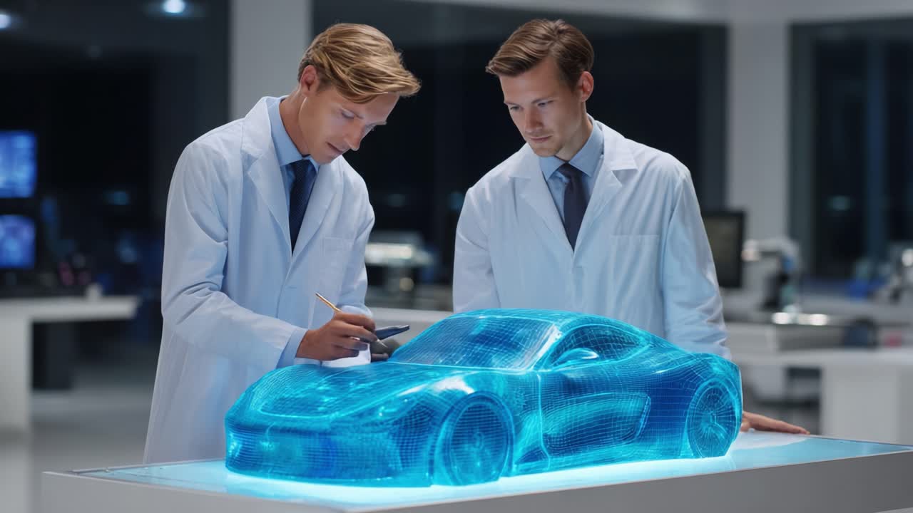 Two Researchers Analyzing a Futuristic 3D Holographic Car Model in a High-Tech Laboratory Setting, Demonstrating Advanced Automotive Technology and Design Innovations