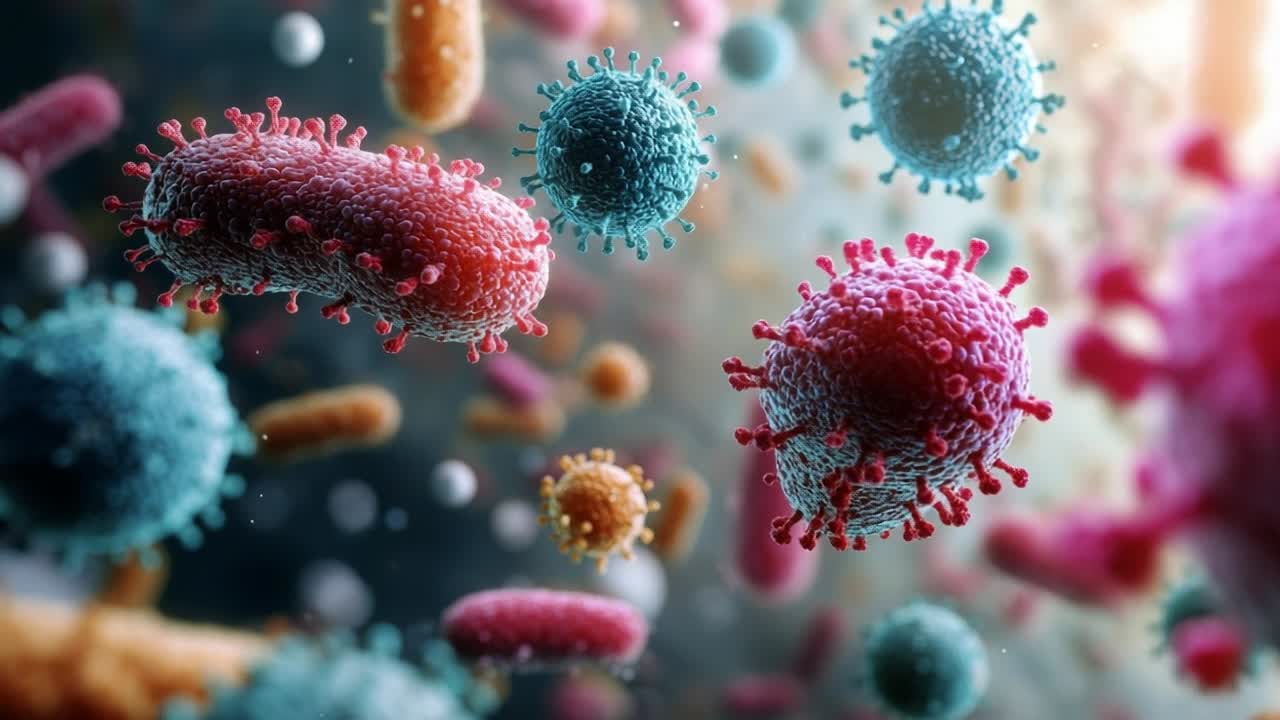 Study of tiny bacteria and viruses. Vivid illustration of diverse bacteria and viruses interacting in a detailed microscopic setting.