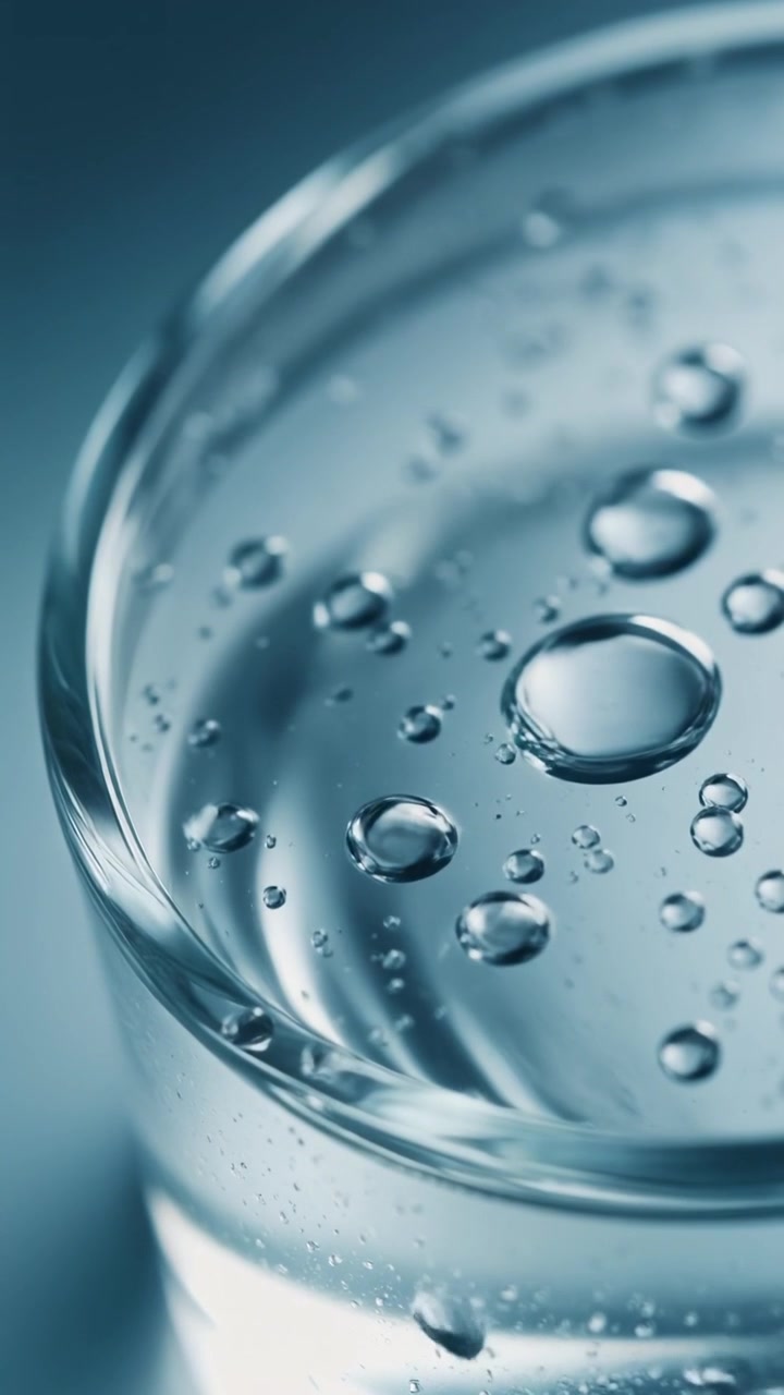 Macro primo piano di acqua che viene versata in un contenitore di vetro trasparente con bollicine frizzanti