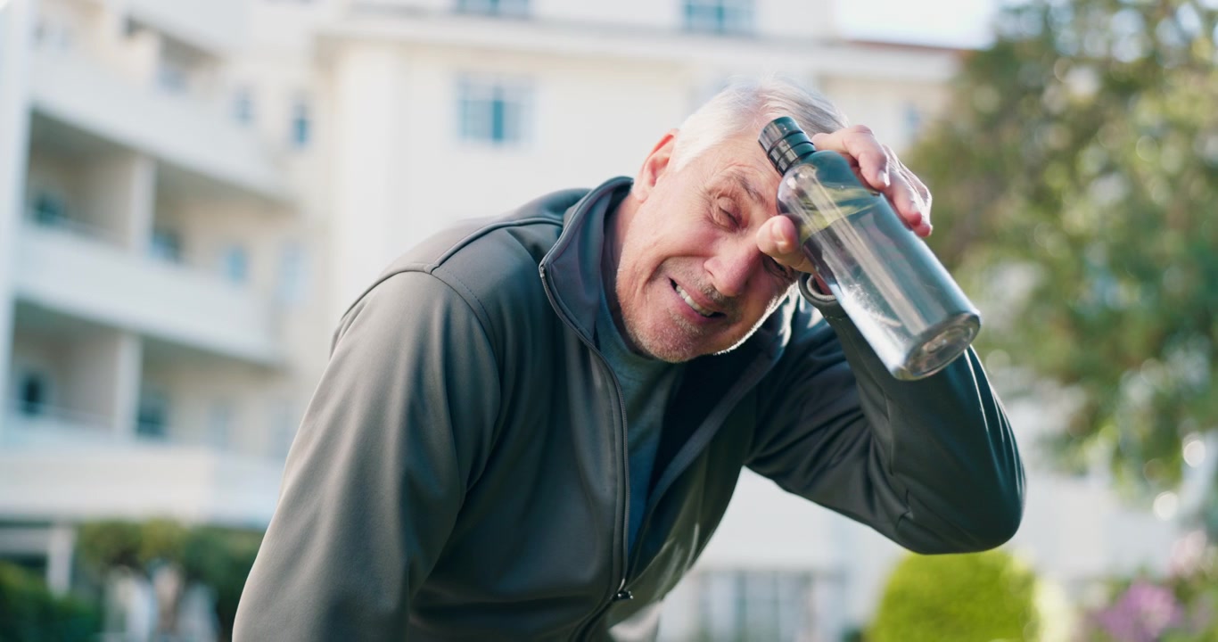 Senior Man Resting and Wiping Sweat After Outdoor Exercise