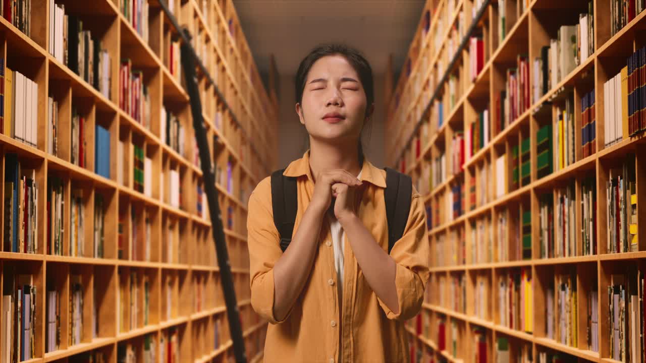배 을 고 있는 아시아 여자 학생 은 도서관 에 서서 무언가 를 위해 기도 하고 있다
