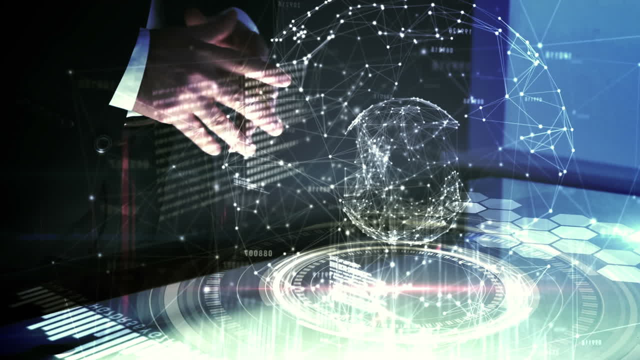 Animation of globe of network of connections on mid section of businesswoman using futuristic screen