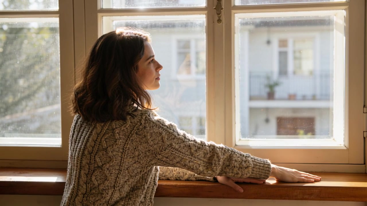 Sunlight crossing hair causing woman sliding hands, nudging right sash at flat sill to look higher
