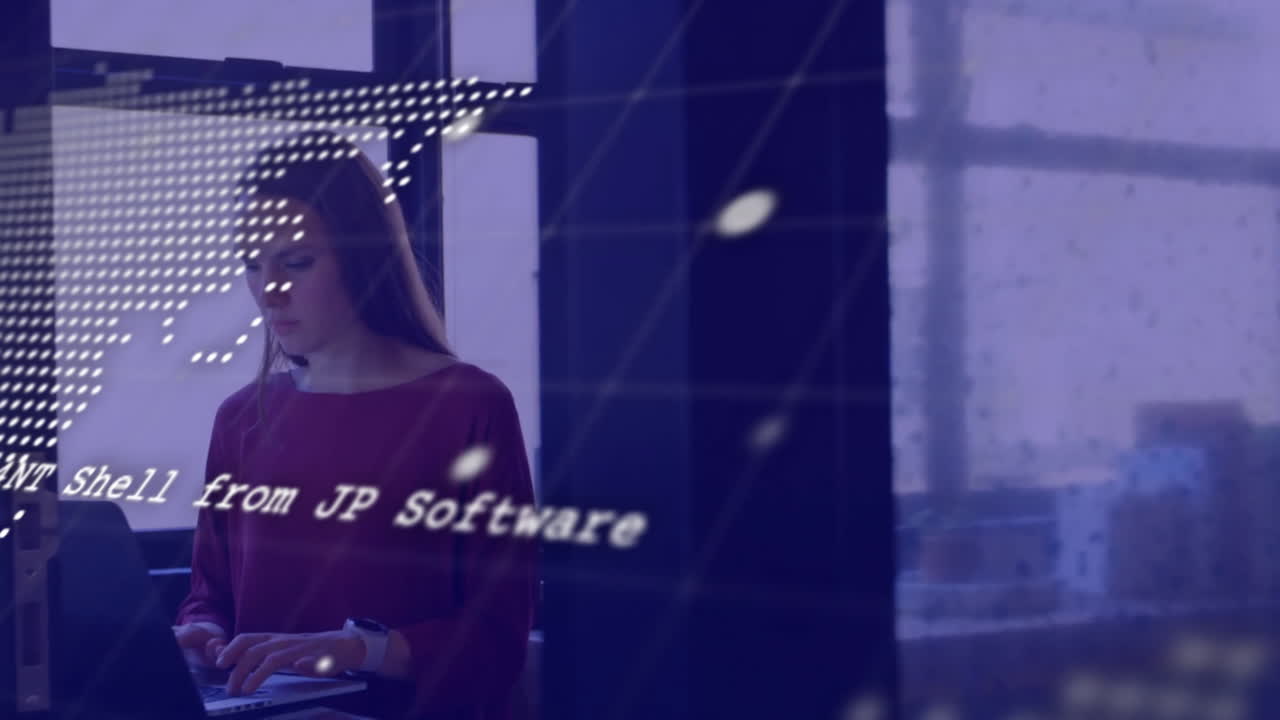 Animation of financial data processing over caucasian businesswoman using laptop in office