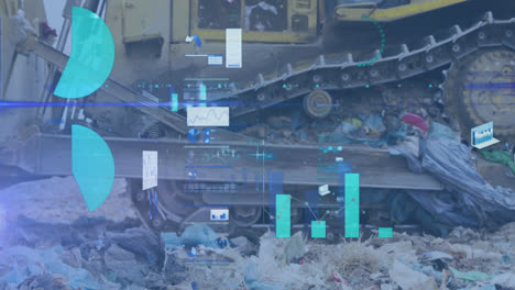 animation of statistics and data processing over buildozer at waste disposal site