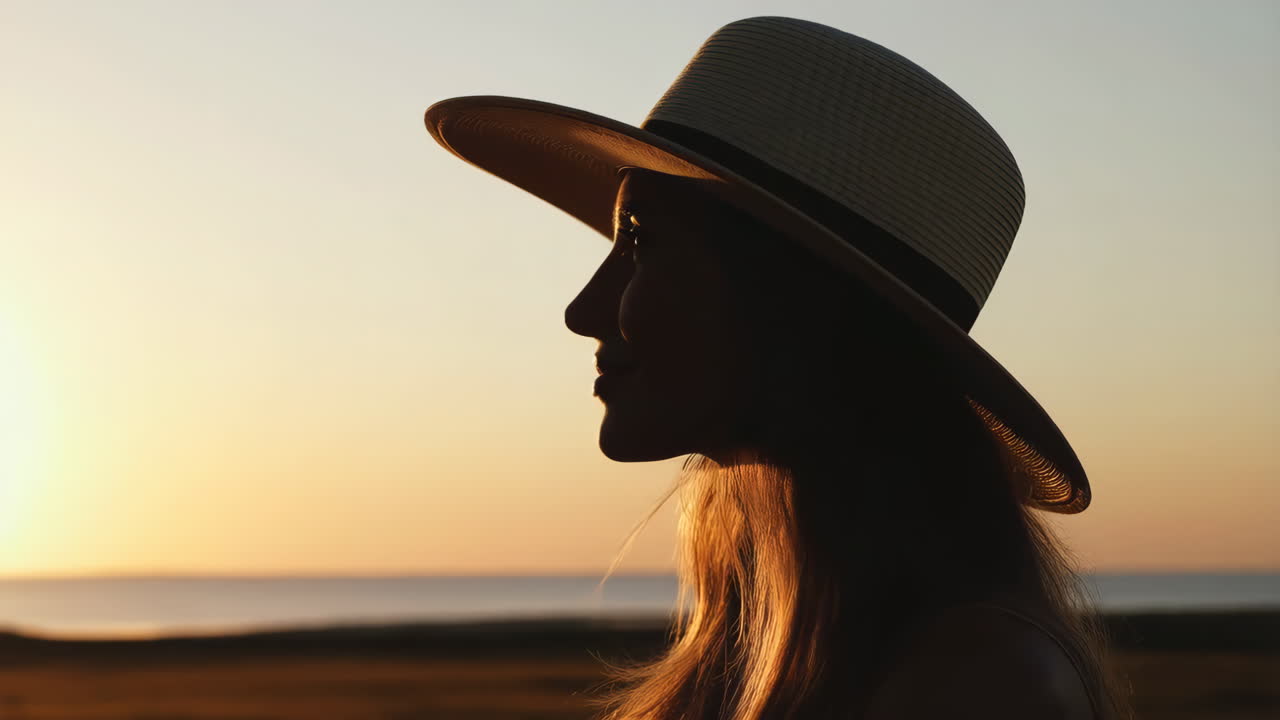 Woman in straw hat at sunset