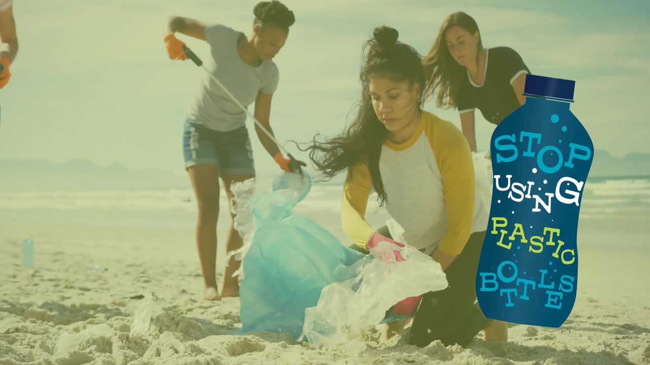 animación de un icono de ecología sobre diversos voluntarios que segregan los residuos