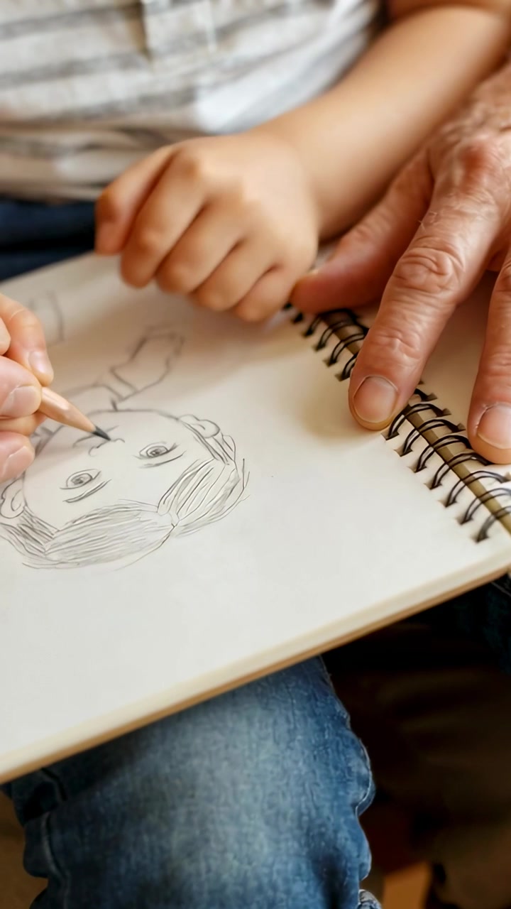 Vertical video: Pencil touching page starting child drawing face on lap at home, adult guiding pad