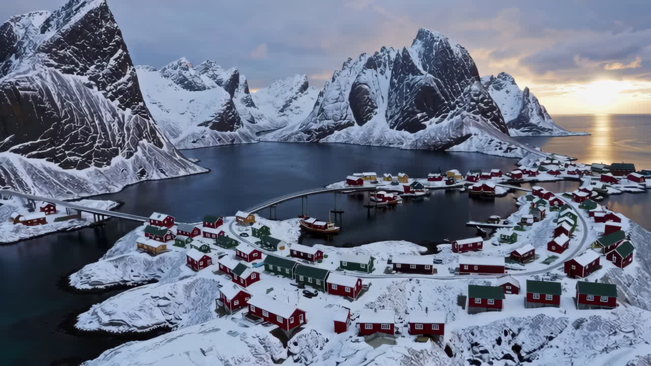 Snowy Village Amidst Majestic Mountains in Lofoten, Norway