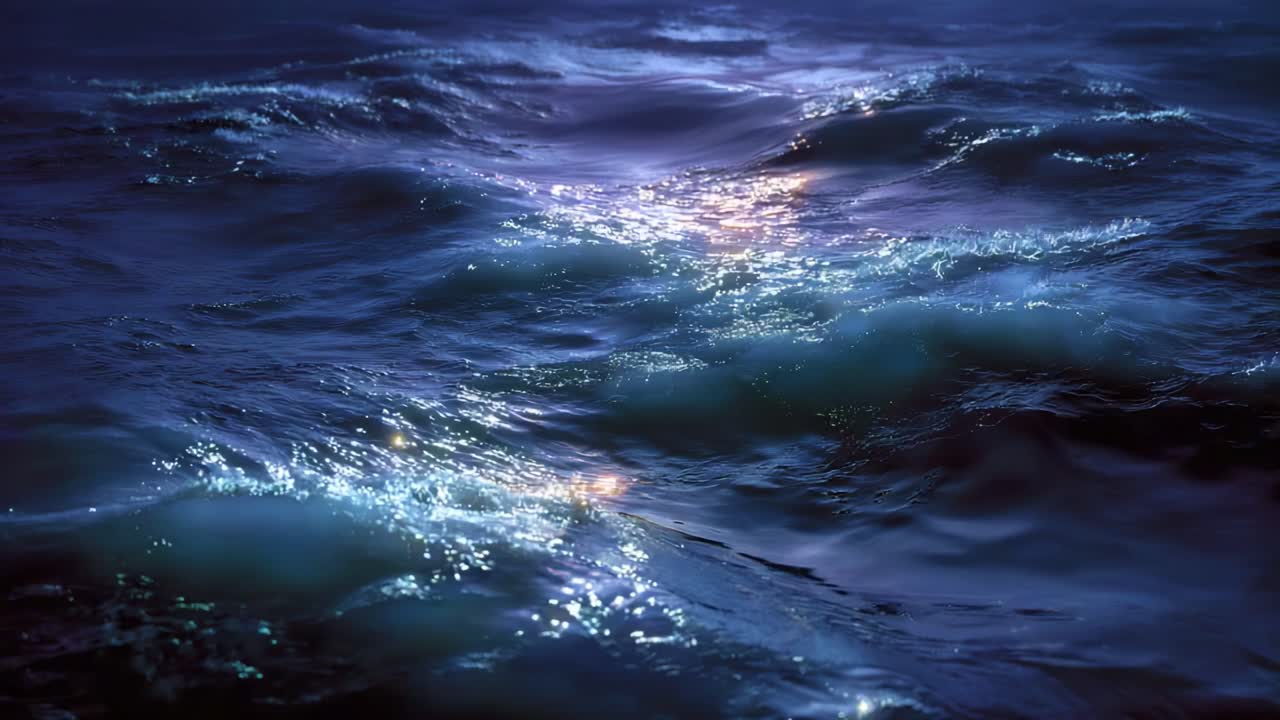 Mysterious Night Sea: Captivating Waves Illuminated by Moonlight Reflecting on a Deep Blue Ocean Surface, Creating a Serene and Enigmatic Atmosphere