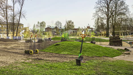 Multiple-exposure-timelapse-of-professional-garden-landscaping-workers-installing-natural-grass-turfs-at-backyard-of-houses,-wide-angle