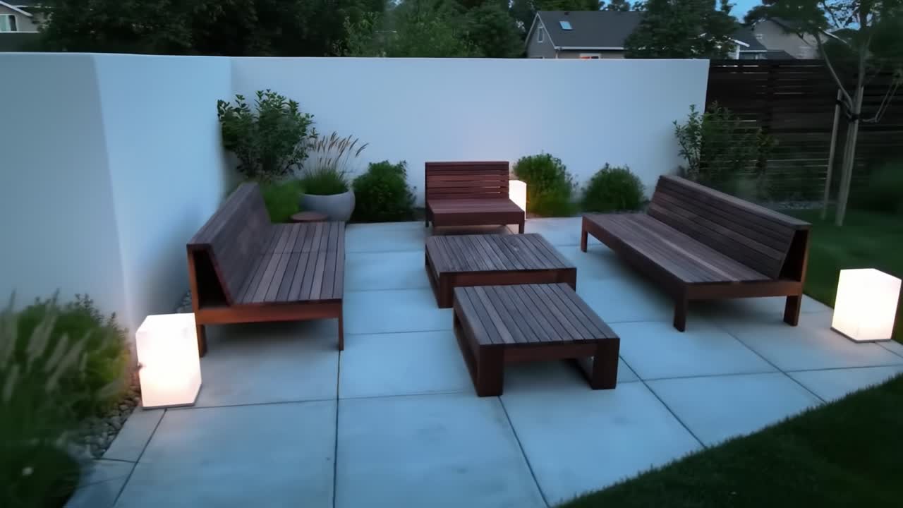 Elegant Outdoor Lounge Area with Modern Wooden Furniture, Soft Lighting, and Lush Greenery Creating a Relaxing Ambiance for Evening Gatherings