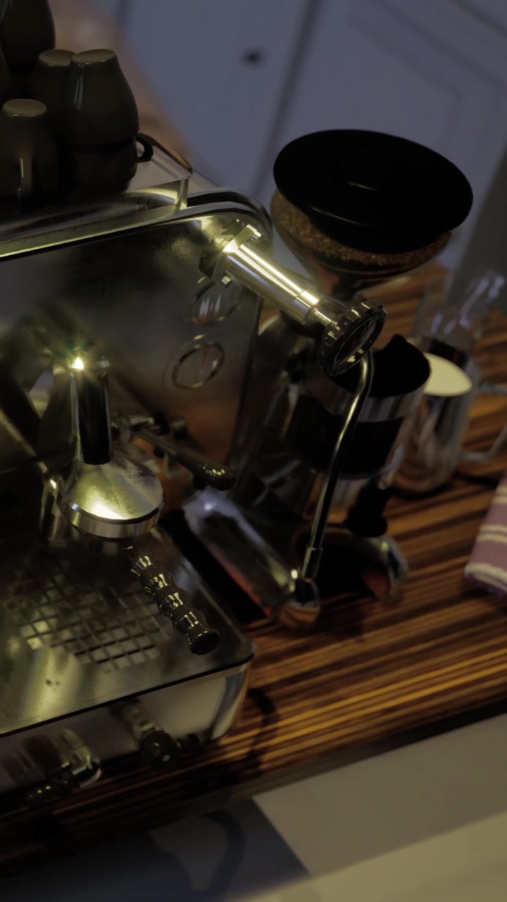 Macchina da caffè che prepara un espresso con un macinacaffè sul piano di lavoro della cucina.