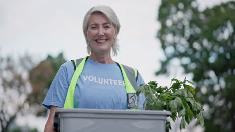 city volunteer, box and senior happy woman