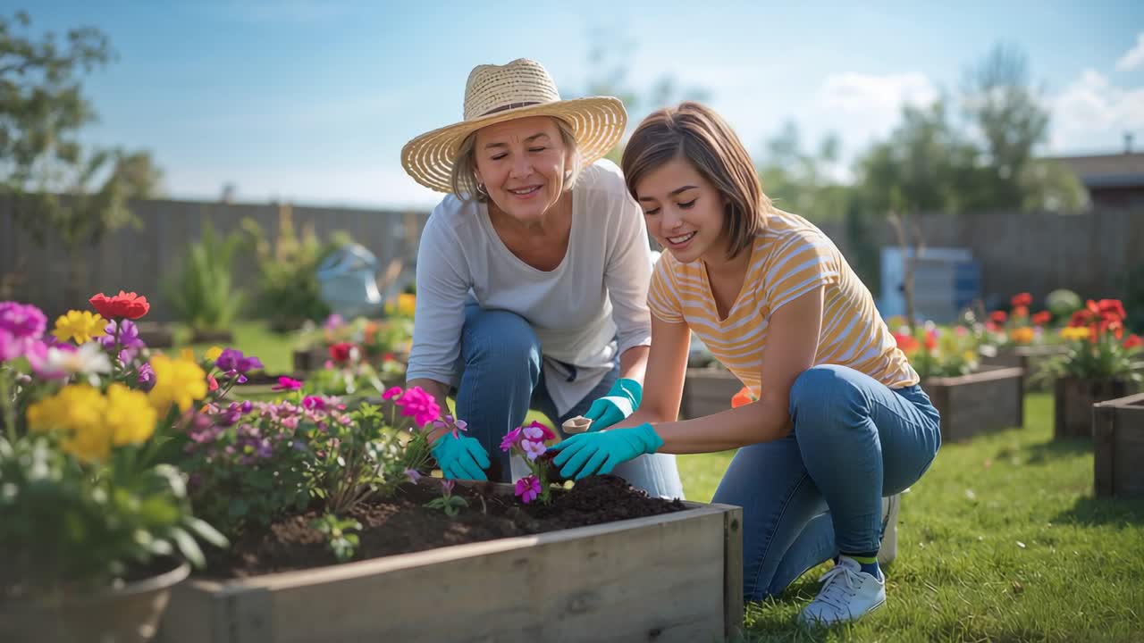 Leaning hat mother guiding daughter planting at yard bed placing pink plant with trowel and gloves