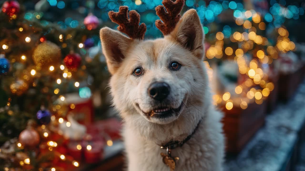 A festive holiday dog adorned with antler horns poses cheerfully in front of a beautifully decorated Christmas tree, illuminated with sparkling lights and vibrant ornaments