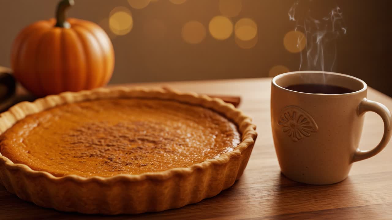 Cozy Autumn Scene with Pumpkin Pie and Hot Drink