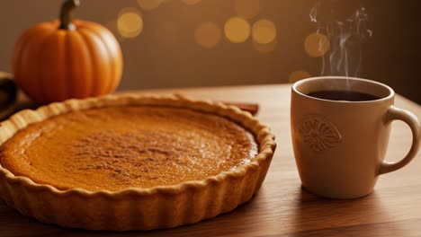 cozy autumn scene with pumpkin pie and hot drink