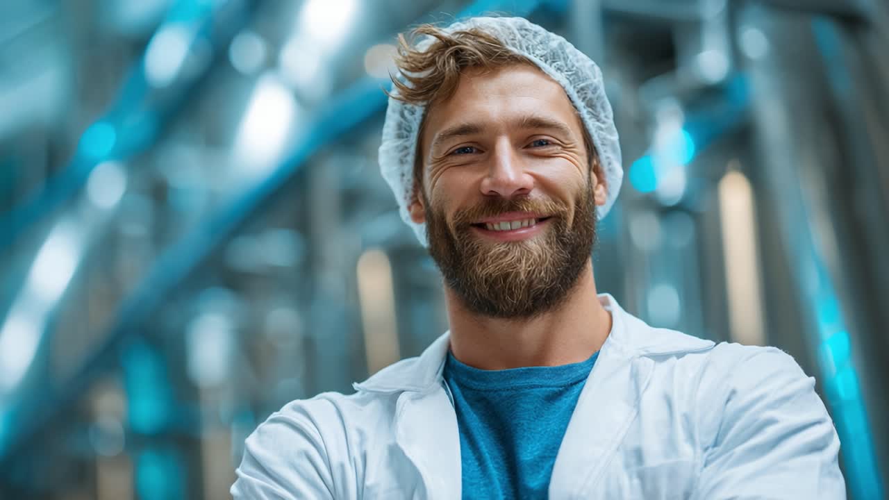 A Confident Smiling Man in Protective Gear Inside a Modern Facility, Radiating Positivity and Professionalism with a Background of Industrial Equipment
