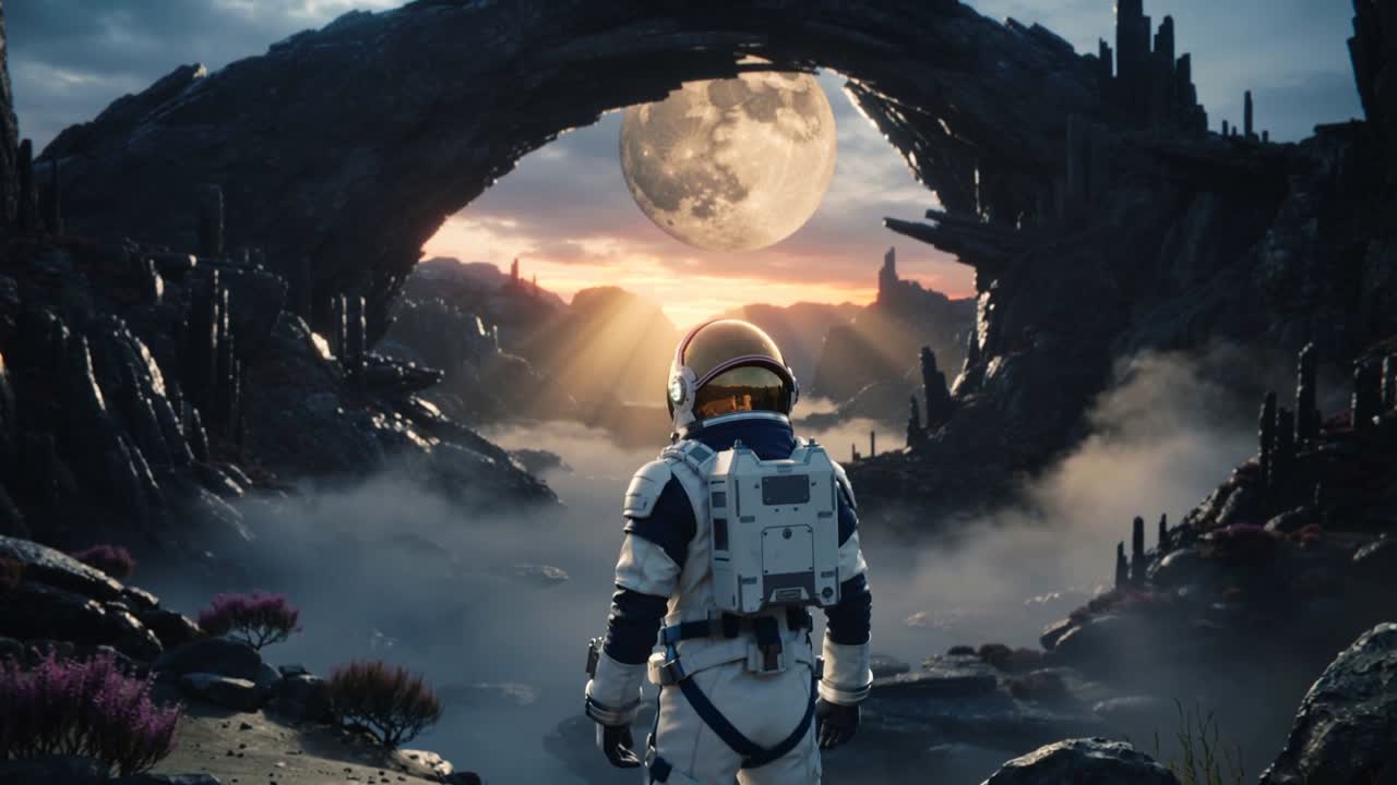 Stående astronaut i hvid dragt træder frem, mens en dolly bevæger sig på en afsats, overskuer bue og måne
