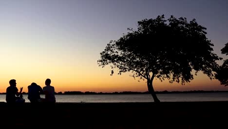 Zeitlupe-Von-Silhouettierten-Freunden,-Die-Sich-Bei-Sonnenuntergang-In-Einem-Park-Unterhalten