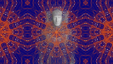 animation of human body formed with exploding particles over orange kaleidoscope pattern background