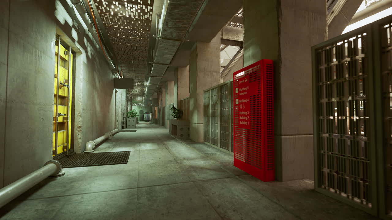 Industrial emergency area with safety equipment and lighting