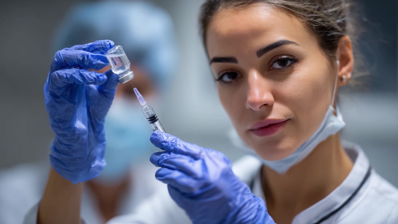 Professionista sanitario che prepara un'iniezione di vaccino con siringa in ambiente sterile: un focus sulla scienza medica e sui protocolli di sicurezza per la cura del paziente