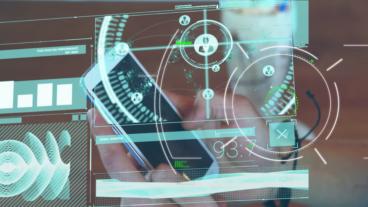 Using animation, person with smartphone viewing futuristic data interface and graphs