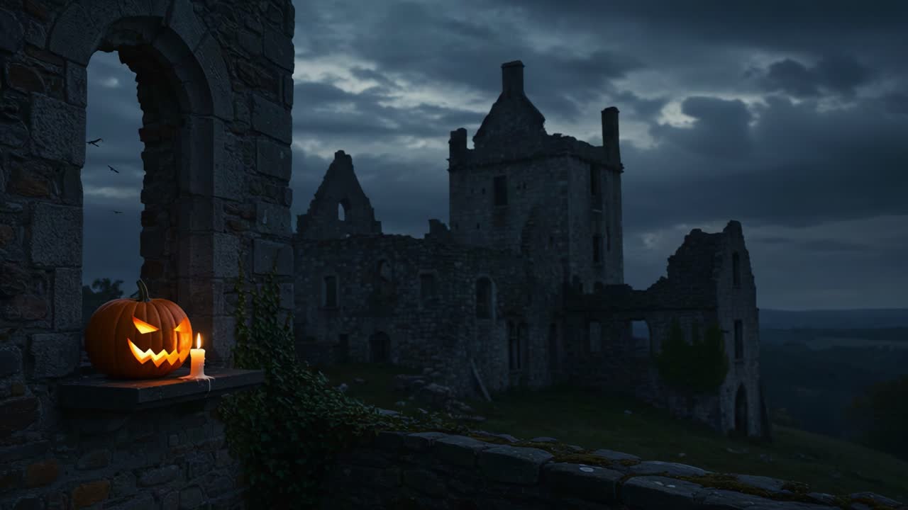 Haunting Glow: A Jack-o'-lantern Illuminates an Abandoned Castle Ruin Under a Darkening Sky, Perfect for a Spooky Halloween Night Atmosphere