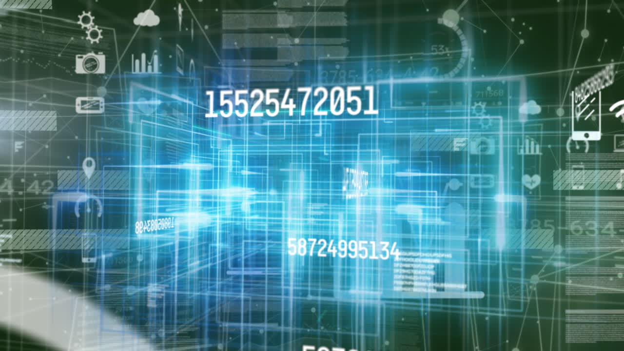 animación de números cambiantes e iconos sobre senderos de luz brillantes