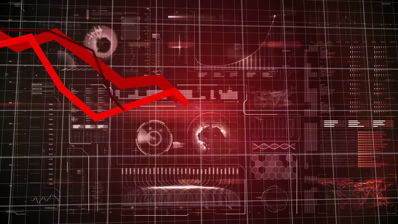 Animation of red lines and financial data processing over grid