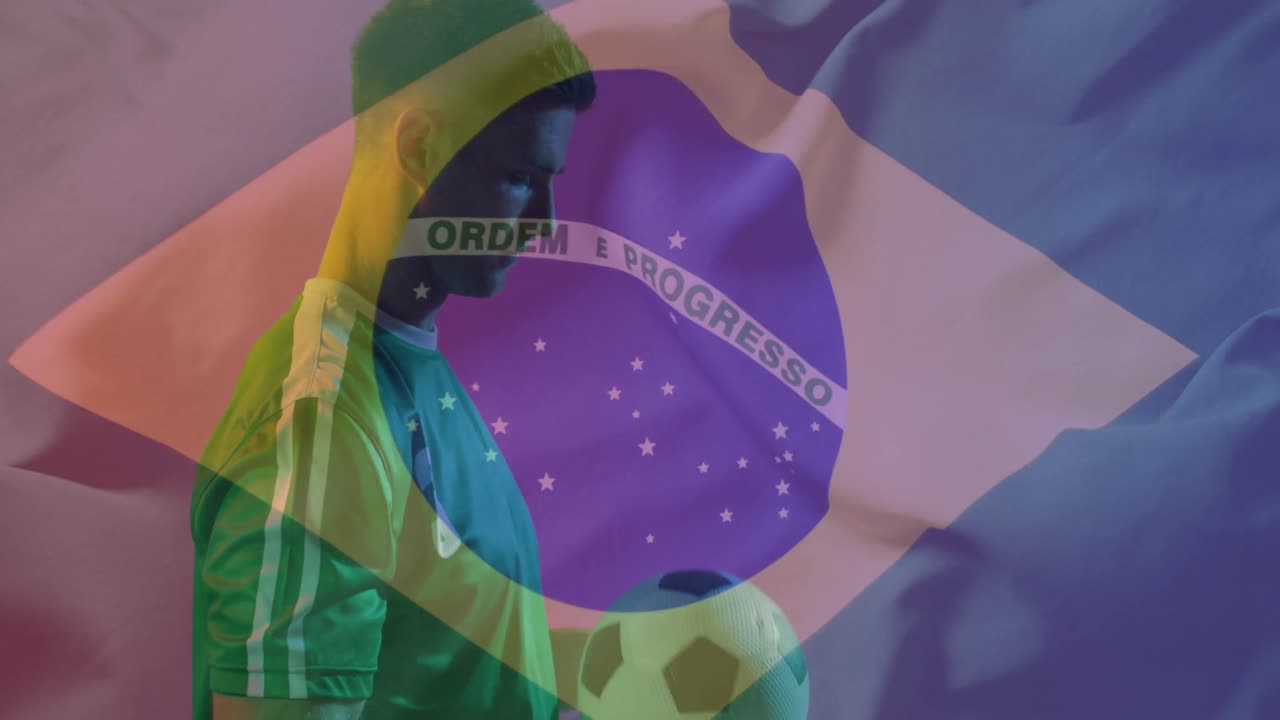 브라질  ⁇ 발 위에 있는 백인 남성 축구 선수의 애니메이션