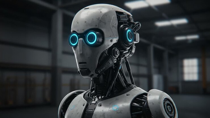 Un robot futuristico con occhi blu luminosi si erge in un ambiente industriale, mostrando tecnologia avanzata e innovazione nella robotica e nell'intelligenza artificiale.